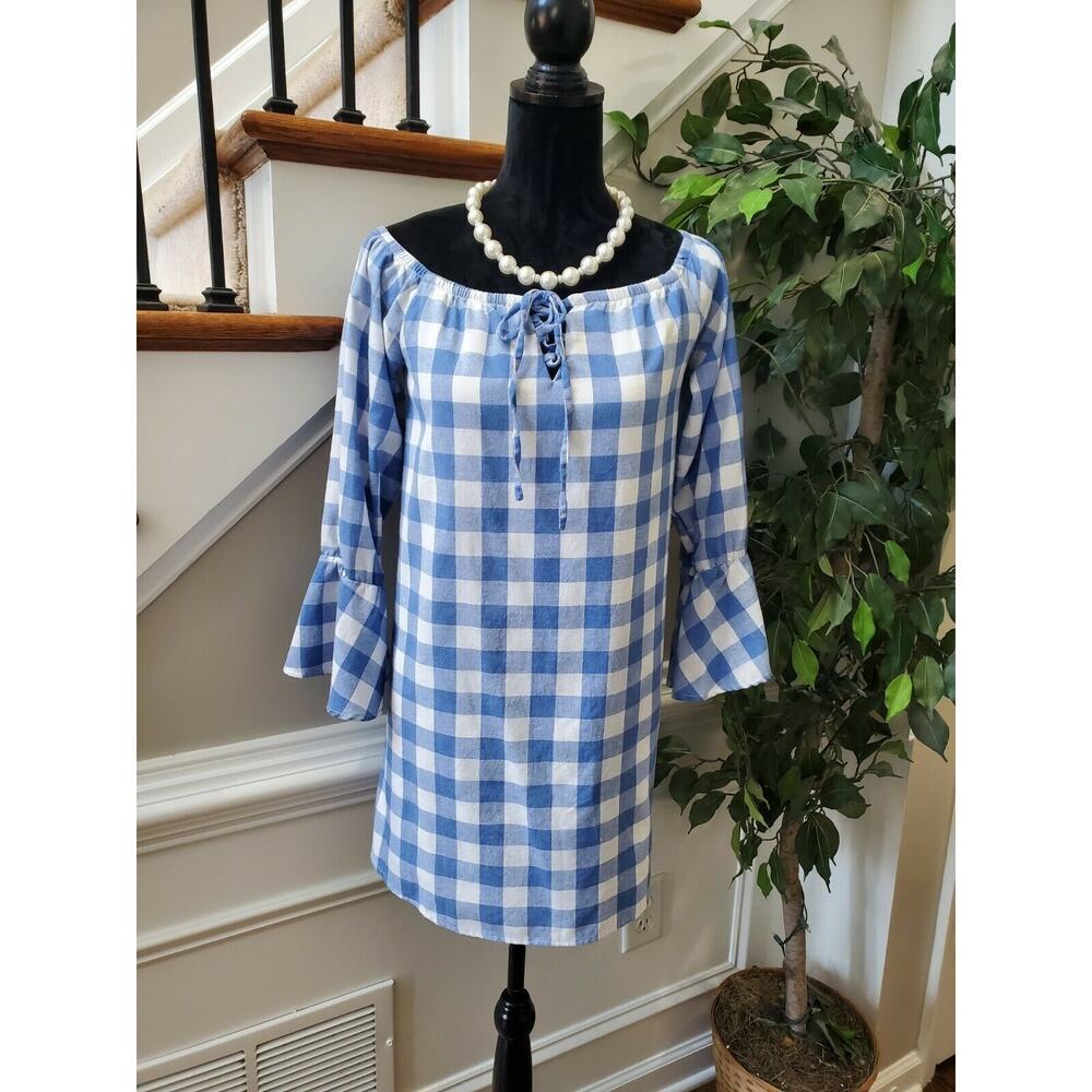 Loveriche Women White/Blue Polyester Round Neck Long Sleeve Knee Length Dress S